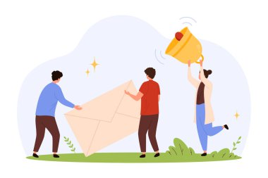 Üç karakter büyük bir zarf ve büyük bir zil ile etkileşime girer, mesajlar, uyarılar ve modern düz bir şekilde izole edilmiş vektör illüstrasyonunda iletişimi sembolize eder.