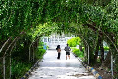 Genç aşık çift parkta yürüyor.