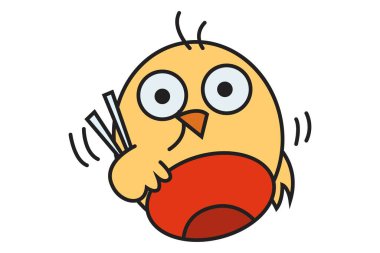 Vektör karikatür çizimi. Şirin piliç kaseden yemek yiyor. Beyaz arkaplanda izole.