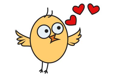 Vektör karikatür çizimi. Sevimli piliç sevildiğini hissediyor. Beyaz arkaplanda izole.