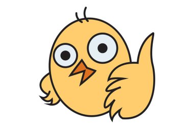 Vektör karikatür çizimi. Sevimli piliç başparmağını kaldırıyor. Beyaz arkaplanda izole.