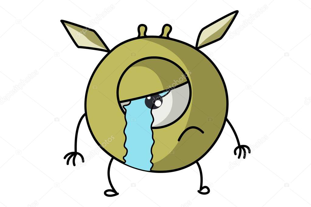 Vector cartoon illustration of cute flying monster is crying. Isolated on white background. 