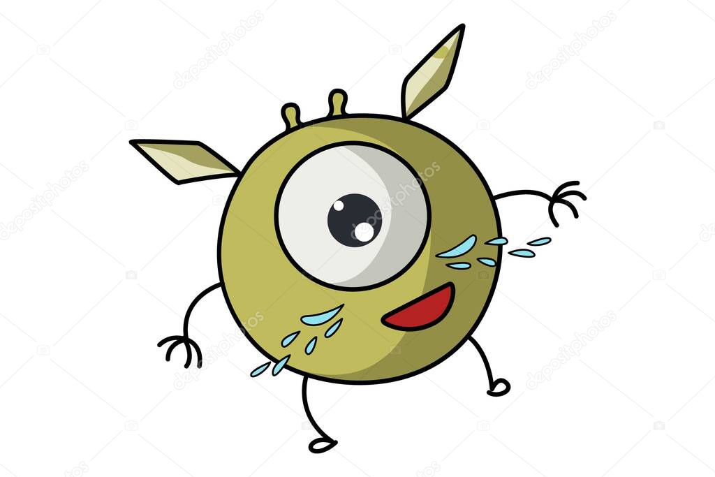 Vector cartoon illustration of cute flying monster is crying. Isolated on white background.