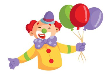 Vektör karikatür çizimi. Joker mutlu ve elinde balonlar var. Beyaz bir arkaplanda izole edilmiş.