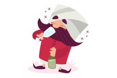 Vektör karikatür çizimi. Bıyıklı adam bira içiyor. Beyaz arkaplanda izole.