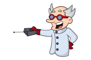 Vektör karikatür çizimi. Bilim adamı uzaktan kumandayı elinde tutuyor ve düğmeye basıyor. Beyaz arkaplanda izole.