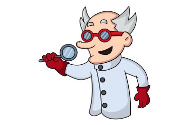 Vektör karikatür çizimi. Bilim adamı elinde bir büyüteç tutuyor. Beyaz arkaplanda izole.