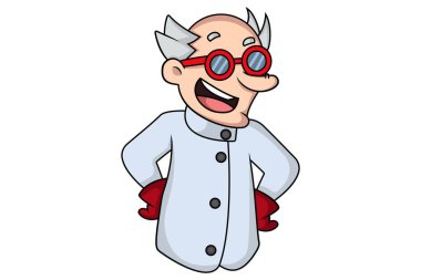 Vektör karikatür çizimi. Bilim adamı ellerini beline koyuyor ve gülüyor. Beyaz arkaplanda izole.  