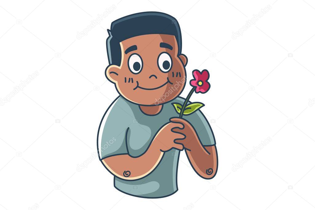 Vector cartoon illustration of boy is holding a flower in hand. Isolated on white background.
