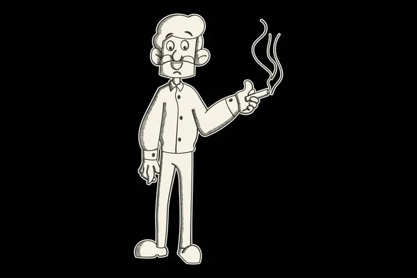 Векторная Карикатура Курильщик Счастлив Держит Сигарету Руке Изолированный Черном Фоне — стоковый вектор