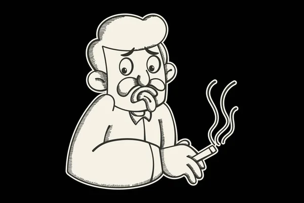 ベクトル漫画イラスト 喫煙者はタバコを手に持って舌を出している 黒い背景に隔離された — ストックベクタ