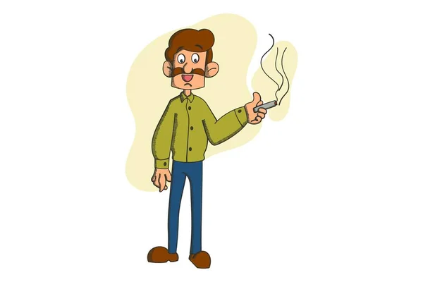 Ilustrasi Kartun Vektor Merokok Pria Senang Dan Memegang Rokok Tangan - Stok Vektor