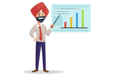 Vektör grafik çizimi. Punjab 'lı iş adamı bir sunum yapıyor. Beyaz arka planda tek başına.