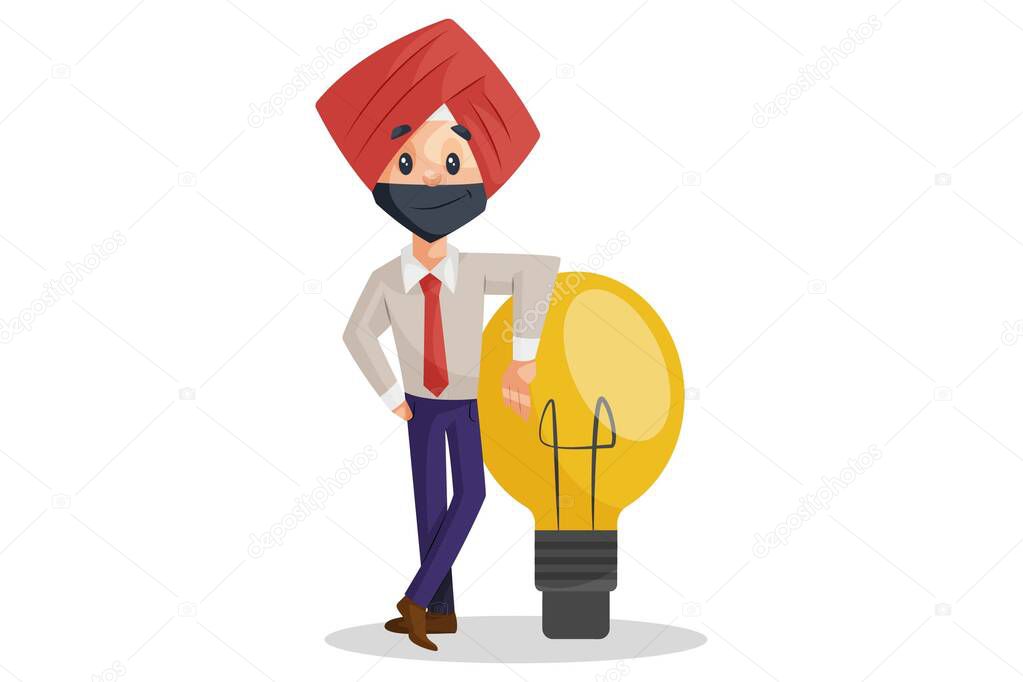 Vector graphic illustration of Punjabi businessman with bulb. Individually on a white background.