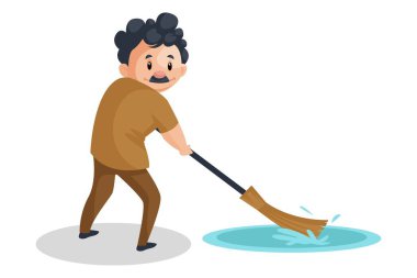 Vektör grafik çizimi. Temizlikçi süpürgeyle yer suyunu temizliyor. Beyaz arka planda tek başına.