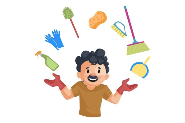 Vector Graphic Illustration Cleaning Man Cleaning Equipment Individually White Background — Stock Vector