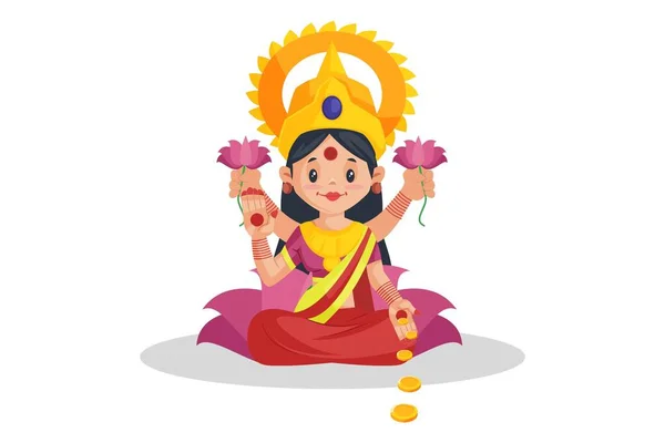 Ilustración Gráfica Vectorial Diosa Lakshmi Sosteniendo Una Flor Loto Las — Vector de stock