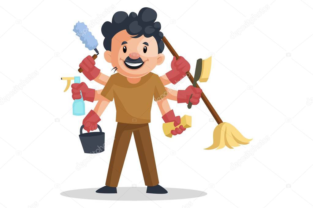 Vector graphic illustration. Cleaning man is doing multitasking with multiple hands. Individually on a white background.