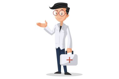 Vektör grafik çizimi. Doktor elinde bir evrak çantası tutuyor. Beyaz arka planda tek başına.