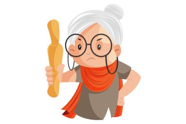 Vektör grafik çizimi. Büyükannem elinde bir merdane tutuyor. Beyaz arka planda tek başına.