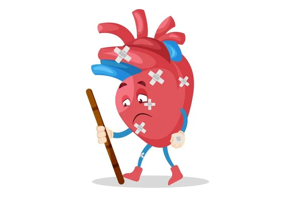 Vektor Gambar Ilustrasi Karakter Jantung Terluka Dan Berjalan Dengan Tongkat - Stok Vektor