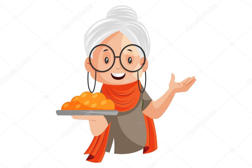 Vector graphic illustration. Grandmother is holding the sweets plate in hand. Individually on a white background.