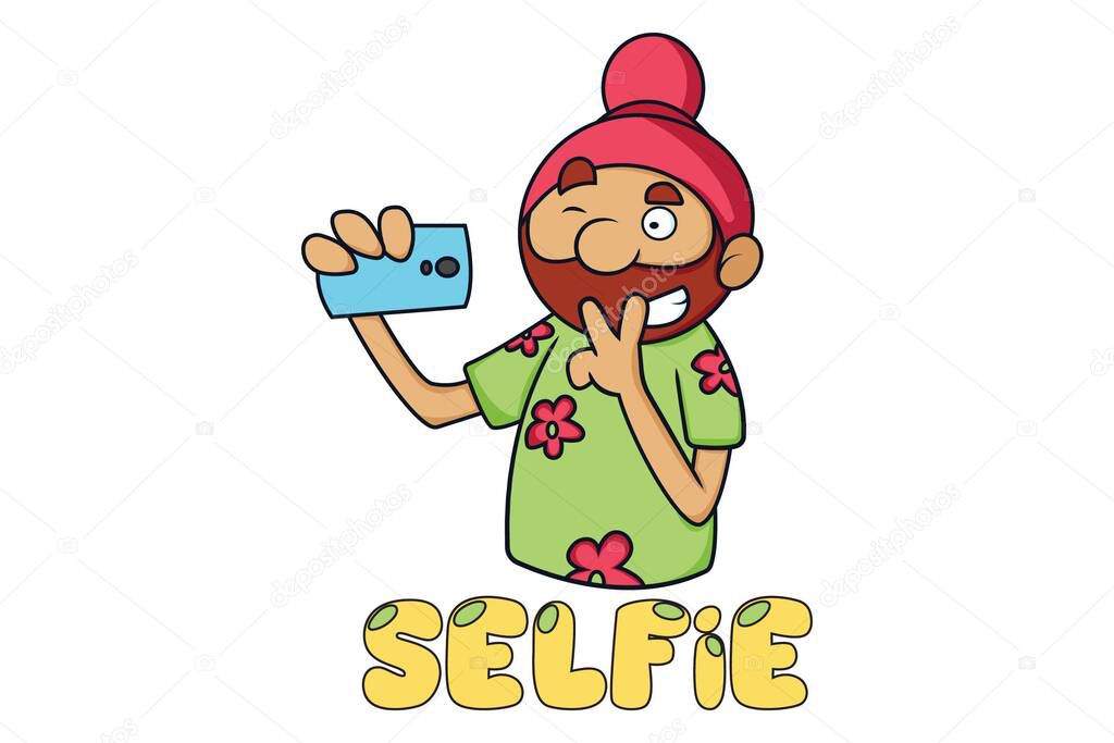 Vector cartoon illustration. Punjabi Sardar is taking selfies on the mobile phone. Lettering text - selfie. Isolated on white background.