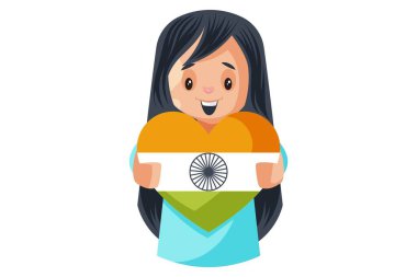 Elinde kalp şeklinde bir bayrak tutan bir kızın vektör grafik çizimi. Beyaz arka planda tek başına.