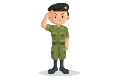 Vektör grafik çizimi. Asker çocuk bir selam veriyor. Beyaz arka planda tek başına.