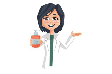 Vektör grafik çizimi. Bayan doktor dezenfektanı elinde tutuyor. Beyaz arka planda tek başına.