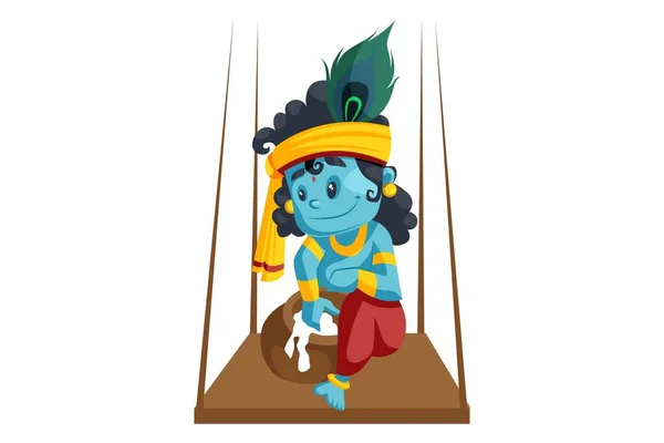 Vektorgrafische Illustration Lord Krishna Sitzt Auf Der Schaukel Und Isst — Stockvektor