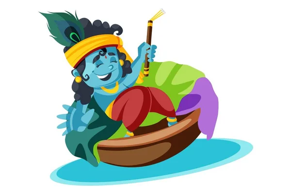 Illustration Vectorielle Seigneur Krishna Assis Dans Panier Tenant Une Flûte — Image vectorielle