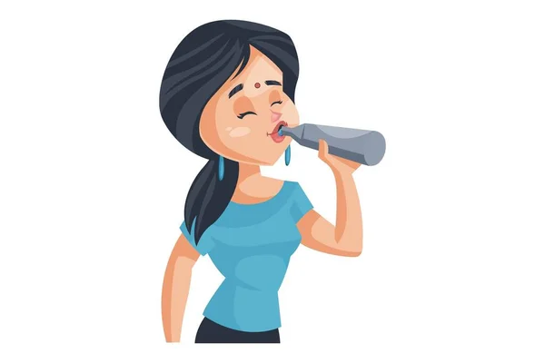 Διανυσματική Γραφική Απεικόνιση Γυναίκα Πίνει Νερό Μπουκάλι Μεμονωμένα Λευκό Φόντο — Διανυσματικό Αρχείο