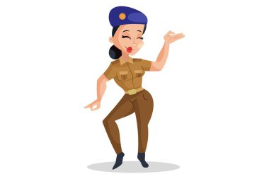 Vektör grafik çizimi. Bayan polis dans ediyor. Beyaz arka planda tek başına.