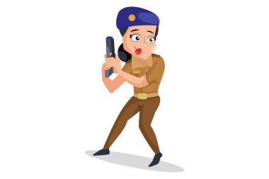 Vektör grafik çizimi. Bayan polis tabancayı elinde tutuyor. Beyaz arka planda tek başına.
