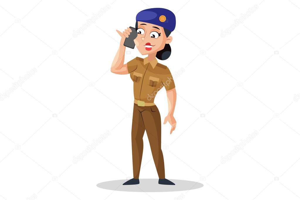 Vector graphic illustration. Lady police is talking on phone. Individually on a white background.