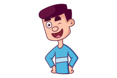 Vektör karikatür çizimi. Çocuk iki elini de beline koyup göz kırpıyor. Beyaz arkaplanda izole.
