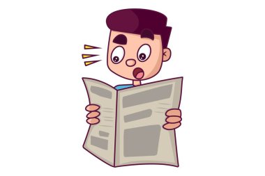 Çocuğun vektör karikatür çizimi gazete okuyor. Beyaz arkaplanda izole.