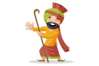 Vektör grafik çizimi. Punjab 'lı adam dans ediyor ve elinde sopa tutuyor. Beyaz arka planda tek başına.