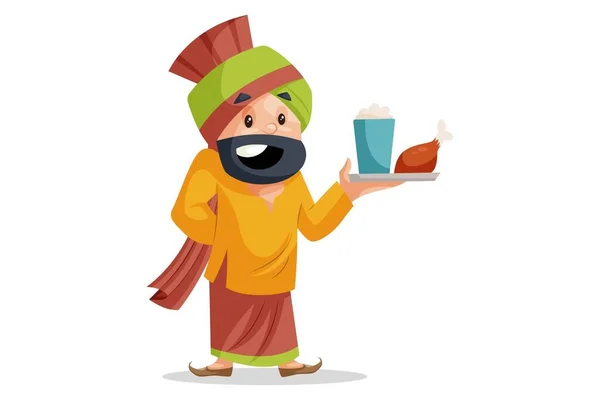 Vektorgrafische Illustration Punjabi Mann Hält Einen Teller Mit Essen Der — Stockvektor