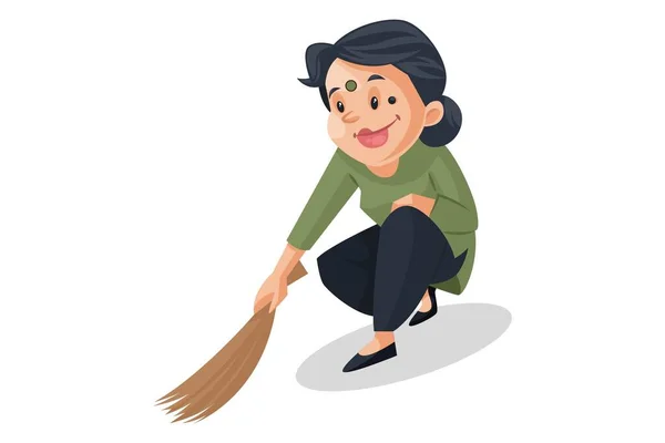 Vector Graphic Illustration House Maid Sweeping Floor Broom Individually White — Stock Vector