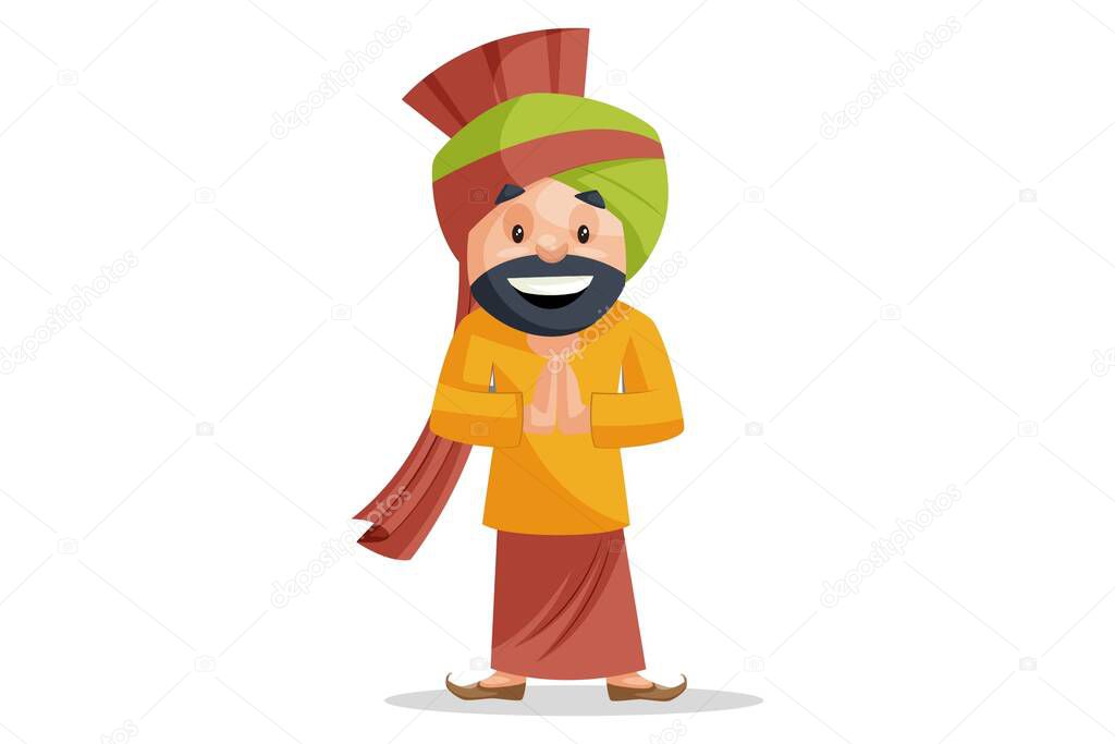 Vector graphic illustration of Punjabi man with greet hand. Individually on a white background.