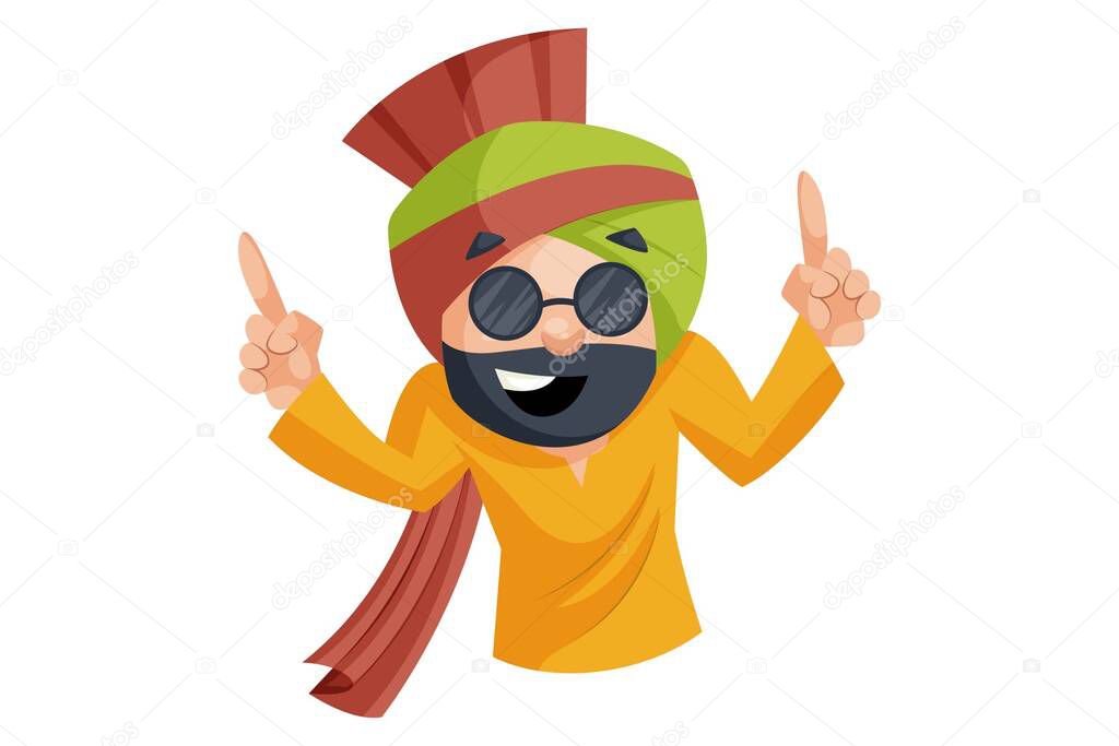 Vector graphic illustration. Punjabi man is dancing and wearing glasses. Individually on a white background.