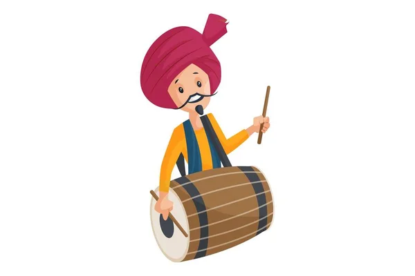Vector Graphic Illustration Man Playing Dhol Individually White Background — Stock Vector