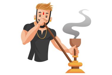 Vektör grafik çizimi. Rajput çocuk nargile içiyor. Beyaz arka planda tek başına.