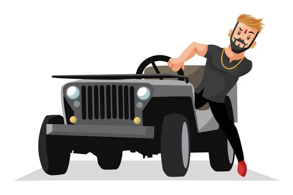 Vector Grafische Illustratie Rajput Jongen Staat Bij Jeep Individueel Een — Stockvector