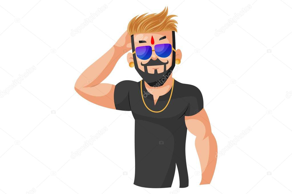 Vector graphic illustration. Rajput boy wearing sunglasses. Individually on a white background.