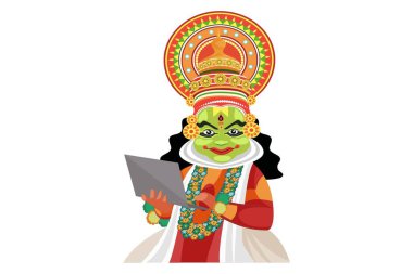 Vektör grafik çizimi. Kathakali dansçısının elinde bir dizüstü bilgisayar var. Beyaz arka planda tek başına.