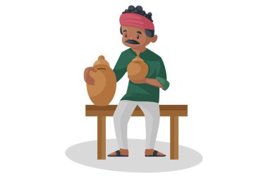 Vektör grafik çizimi. Hintli çömlekçi elinde toprak tenceresini tutuyor. Tek tek beyaz arkaplanda.