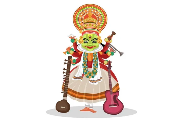Ilustración Gráfica Vectorial Kathakali Bailarina Con Instrumentos Musicales Individualmente Sobre — Vector de stock